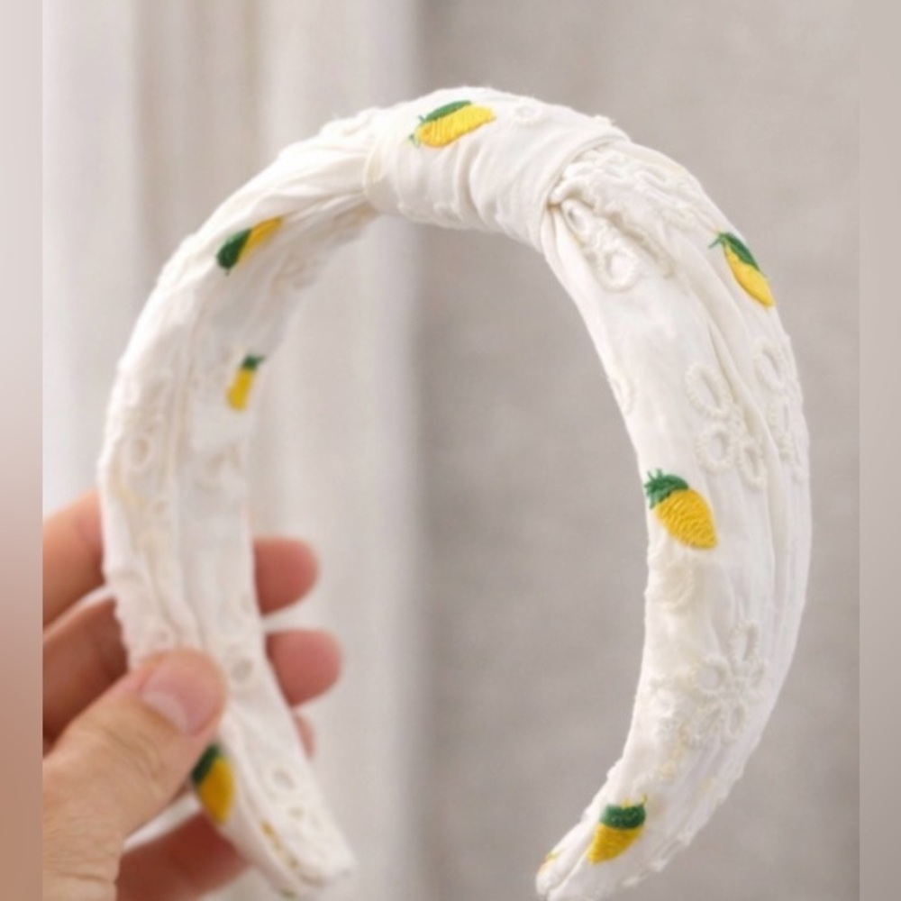 White Lemon Embroidered Eyelet Knot Headband | Summer Cottagecore Coastal Chic